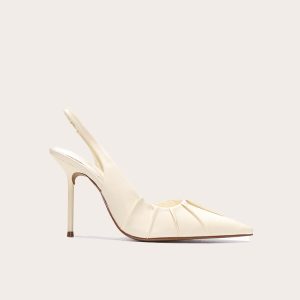 Butter Yellow Pu Point Toe Ruched Sling Back High Stiletto Heeled Courts