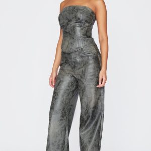 Tall Washed Grey Faux Leather Wide Leg Trousers