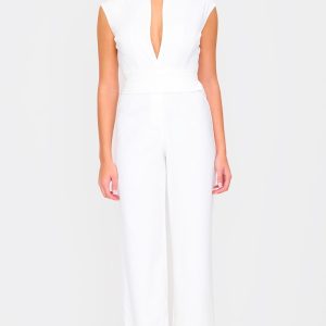 White Premium Woven Sleeveless Waist Detail Straight Leg Jumpsuit