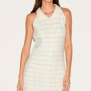Cream Boucle Knit Button Through Collar Detal Mini Dress