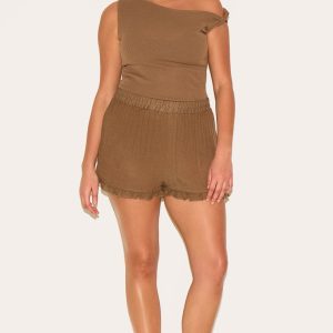 Plus Chocolate Frill Edge Textured Shorts