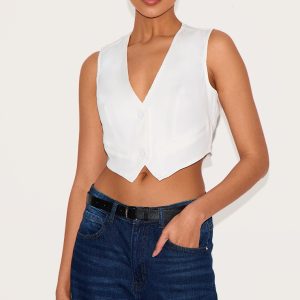 White Woven Belted Back Detail Waistcoat Top
