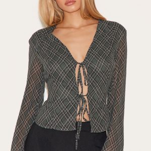 Green Check Chiffon Tie Front Blouse