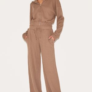 Brown Waffle Wide Leg Trousers