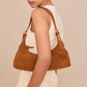 Tan Suede Elongated Curved Shoulder Bag