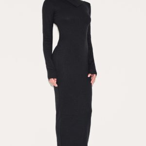 Black Rib Oversized Collar Maxi Dress