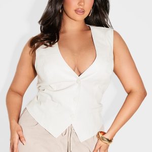 Plus Cream Faux Leather Fitted Waistcoat