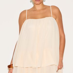 Plus Almond Chiffon Ruched Strappy Shift Dress