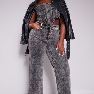 Plus Grey Acid Wash Belt Detail Wide Leg Jeans