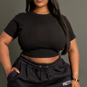 Plus Black Basic Rib Short Sleeve Crop Top