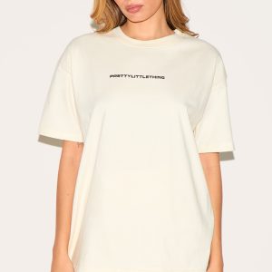 PRETTYLITTLETHING Beige Printed Oversized T-shirt