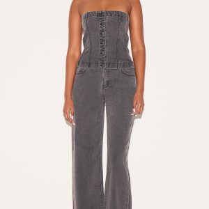 Washed Black Fabric Covered Button Mid Waist Straight Leg Jeans