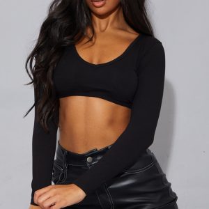 Basic Black Cotton Blend Long Sleeve Deep V Crop Top