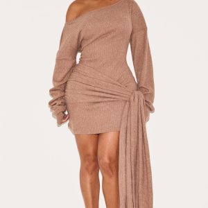 Shape Taupe Brushed Rib Boat Neck Wrap Waist Mini Dress