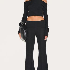 Black Rib Low Rise Foldover Flared Trousers