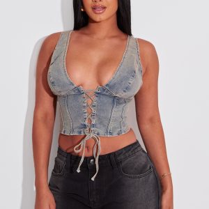 Shape Vintage Wash Denim Lace Up Corset Top