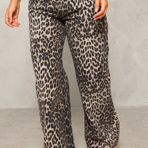 Petite Brown Leopard Print Denim Wide Leg Jeans