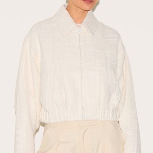 Cream Textured Zip Up Bomber Jacket