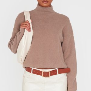Light Mocha Soft Knit High Neck Oversized Jumper