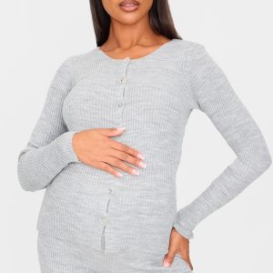 Maternity Grey Button Up Long Sleeve Rib Knit Top