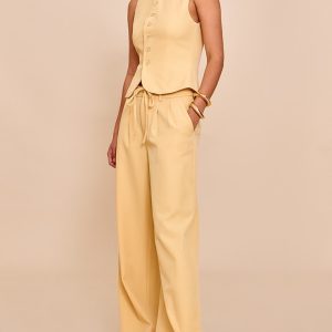 Butter Yellow Tailored Tie Detail Woven Wide Leg Trousers