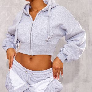 Grey Zip Up Pocket Detail Cropped Hoodie