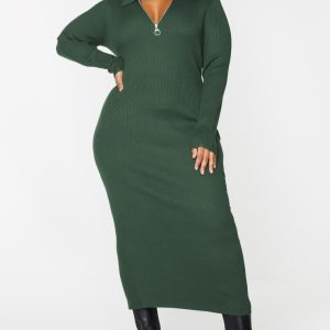 Plus Olive Half Zip Collared Detail Midaxi Dress