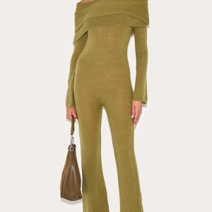 Olive Soft Knit Bardot Foldover Asymmetric Neck Jumpsuit