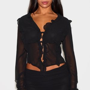 Black Chiffon Ruffle Tie Front Blouse