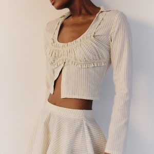 Cream Pinstripe Seersucker Flippy Mini Skirt