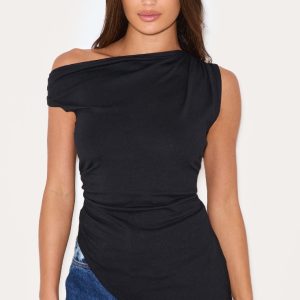 Black Asymmetric Shoulder Extreme Longline Top