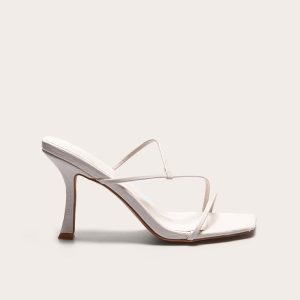 Cream Croc PU Square Toe Strappy Mid Heeled Mules