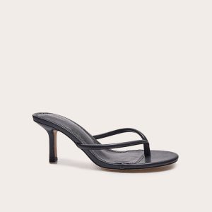 Black Pu Toe Thong Heeled Mules