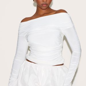 Cream Double Layer Slinky Ruched Detail Bardot Long Sleeve Top