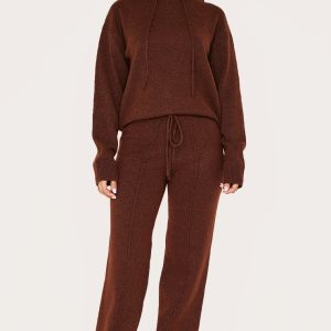 Petite Chocolate Knitted Seam Detail Wide Leg Trousers