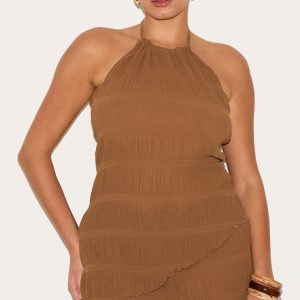 Plus Chocolate Textured Woven Backless Sheer Asymmetric Long Top