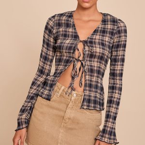 Blue Plisse Check Printed Blouse
