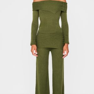Forest Green Knitted Fold Over Wide Leg Trousers