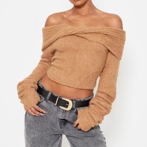 Mocha Soft Bobble Knit Bardot Foldover Top