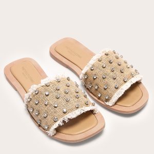 Cream Wide Fit Round Toe Raffia Fringed Diamante Woven Flat Mule Sandals
