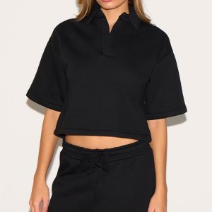 Black Boxy Collar Detail Cropped Sweatshirt