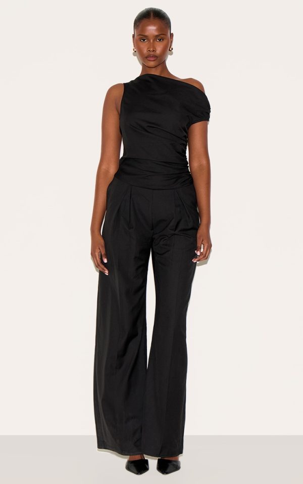 e5c81a17f742068646d81544f1a5bb0ee9b65323_CNM0443_1_black_woven_ruched_one_sleeve_jumpsuit