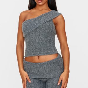Charcoal Marl Textured Knit Foldover Bandeau Top