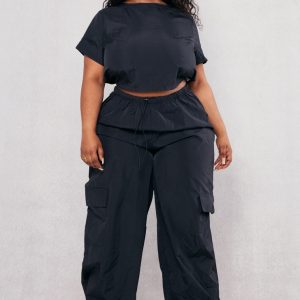 Plus Black Nylon Wide Leg Cargo Trousers