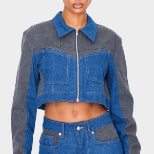 Dark Blue And Black Contrast Panel Cropped Denim Jacket