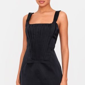 Premium Black Woven Square Neck Lace Back Corset Bodycon Dress