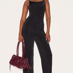 Black Double Layer Slinky Low Back Strappy Wide Leg Jumpsuit