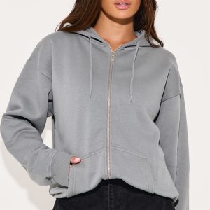 Light Grey Oversized Zip Up Plain Front Hoodie
