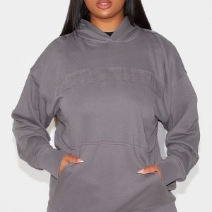 PRETTYLITTLETHING Plus Charcoal Applique Hoodie