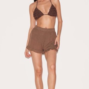 Chocolate Linen Look Frill Edge Shorts
